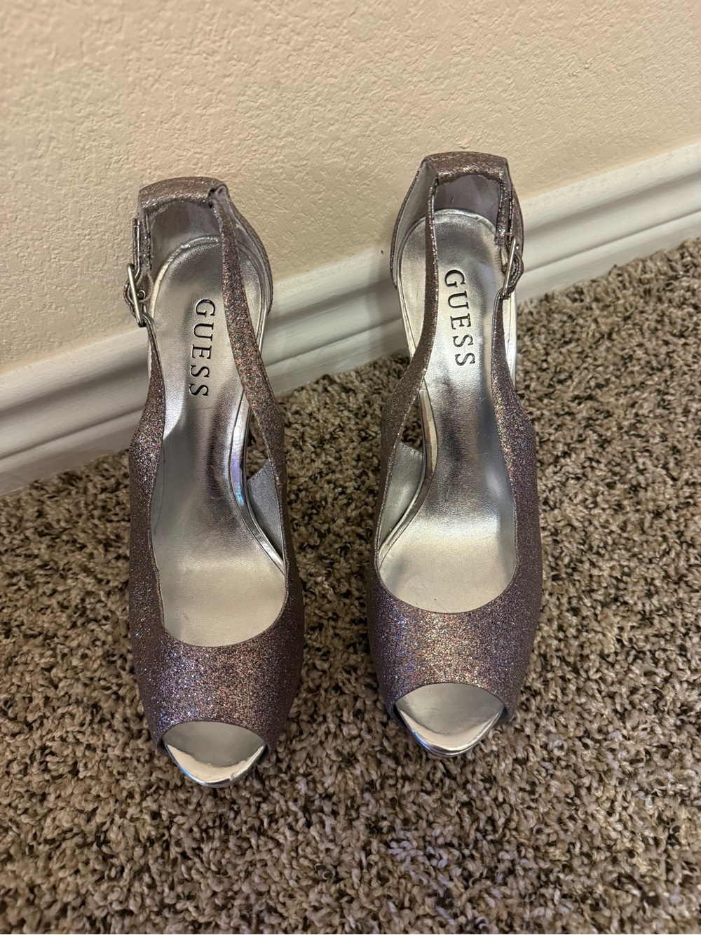 GUESS Glitter Peep-Toe Slingback Heels - Iridescent Silver